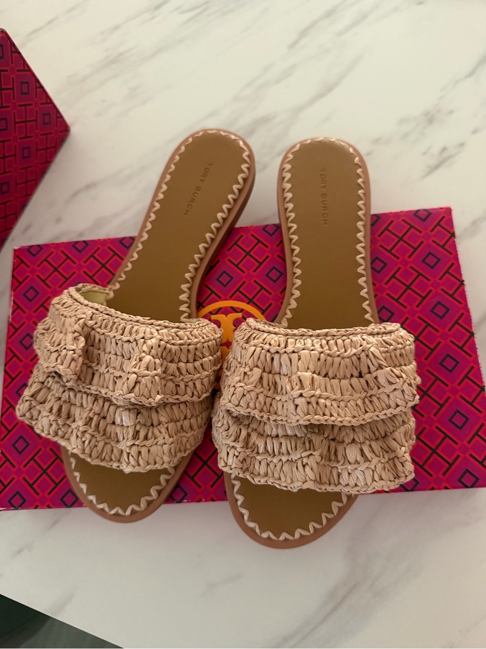 Tory Burch Natural Raffia Ruffle Slide Mules - Picture 1 of 3